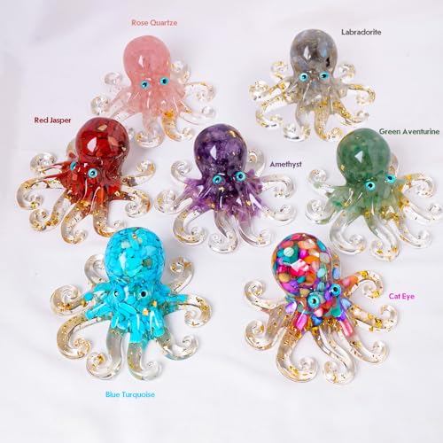 Octopus Decor Aquarium RoseQuartze Gravel Decorative Resin Glass with Natural Crystal Stone Marine Animals Fish Tank Ornaments Statue Healing Home Decor Ladies Gift 3.93" - color: Rose-quartz