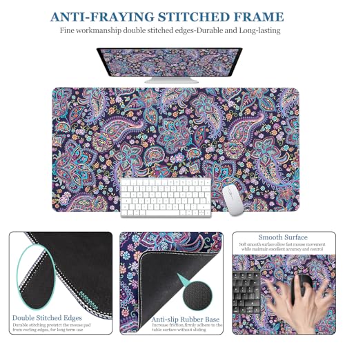 Mouse Pad Paisley Floral, Desk Mat for Desktop, Boho Flowers Desk Pad Extended XXL Large Gaming Mouse pad Anti-Slip with Stitched Edges Waterproof Computer Laptop Keyboard Desk Mat for Women Girls - color: Paisley Floral, size: 31.5" x 15.7"