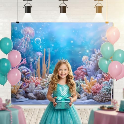 7x5ft Under The Sea Backdrop Ocean Theme Party Decorations Banner Mermaid Coral Jellyfish Underwater World Photography Background for Grils Baby Shower Birthday Photo Booth Prop - color: Pink, size: 7x5ft