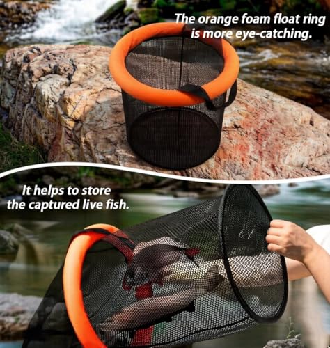 Floating Fish Basket for Live Caught, Foldable Fishing Holder Minnow Bucket Portable Collapsible Fishing Net Storage Cage for Live Fish Bait Live Well