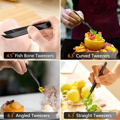 JETKONG 6 Pcs Cooking Tweezer Tongs, 12'' and 6.3" Stainless Steel Kitchen Tweezer Set, Professional Chef Tweezers for Cooking, Repairing, Sea Food, BBQ, Multi-use (Black) - color: Black