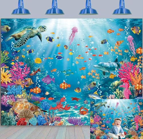 Underwater Backdrop Aquarium Ocean Corals Tropical Fish Photography Background Ocean Theme Party Decorations for Kid Boy's Birthday Cake Table Photo Booth Props (8x6FT) - size: 8x6FT