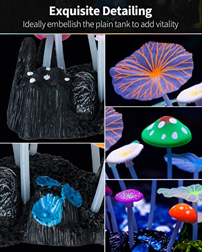 Uniclife Aquarium Coral Plant Ornament with Glowing Effect Imitative Mushroom Lotus Leaf Decoration Addition Colorful Lifelike Silicone Decor for Fish Tank Landscape - size: Mushroom&Lotus