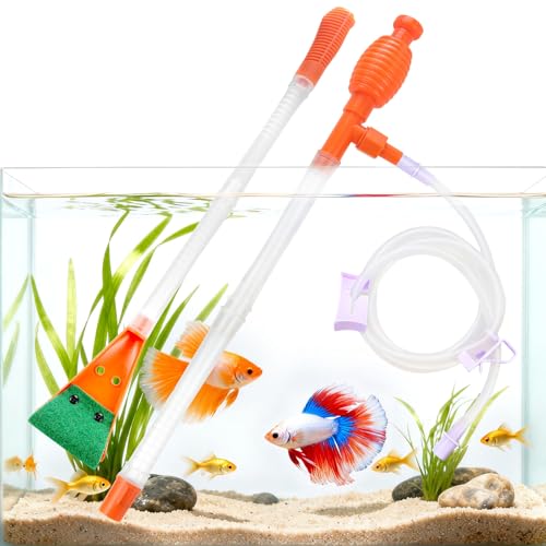 Fish Tank Cleaner Gravel Vacuum for Aquarium Water Changer Aquarium Siphon with Double Sided Sponge Brush Algae Scraper Fish Tank Cleaning Kit for Cleaning Gravel & Sand (Orange) - color: Orange