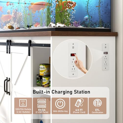 Hlivelood Farmhouse 55-75 Gallon Fish Tank Stand with Power Outlet, Aquarium Stand w/Cabinet&Sliding Barn Door, Heavy Duty Reptile Tank Stand for Fish/Turtle/Reptile Terrarium, 1000LB Capacity, White - color: White, size: 55-75 Gallon