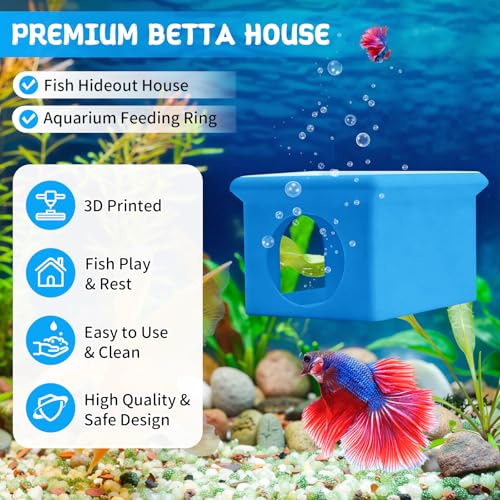 Floating Betta Fish Hammock Cave House for Aquarium, 3D Printed Betta Shrimp Feeder & Hideout Cave Toys, Small Aquarium Feeding Ring Decor, Turtle Fish Tank Decorations Accessories -Blue - color: Sky Blue