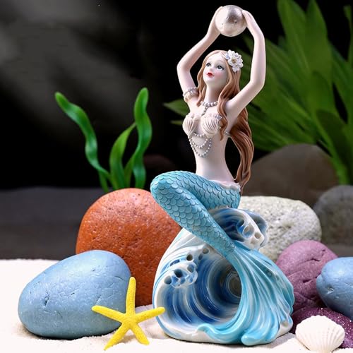 Rayberro 7.48" Mermaid Figurine Resin Mermaid Sculpture Mediterranean Princess Statue Home Office Desktop Ornaments Bookshelf Decor Mermaid Collectible Crafts Fish Tank Aquarium Decoration - color: Blue Hold Pearl