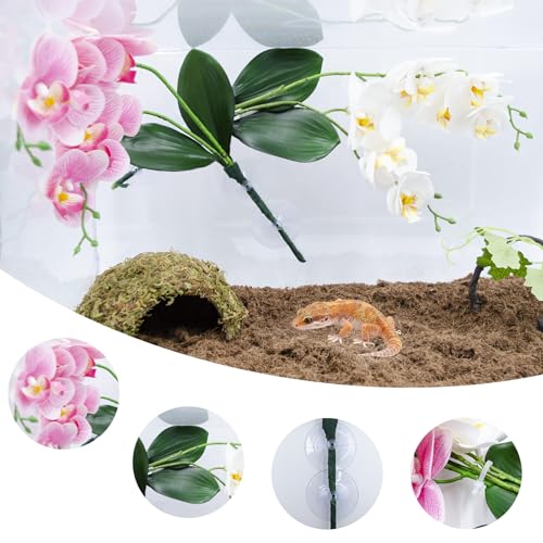 2 Pcs Artificial Phalaenopsis Orchid with Suction Cups - Pink & Red Reptile Terrarium Plant Decor, Lifelike Plastic Hanging Vine for Aquarium Snake Gecko Hermit Crab Habitat Decoration