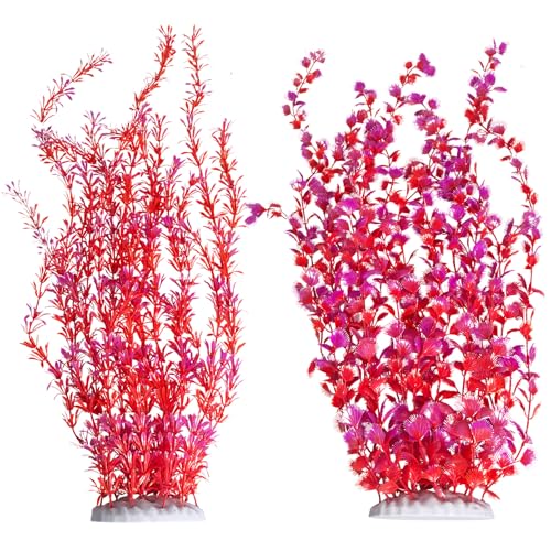 Hamiledyi Aquarium Plastic Plants Aquarium Decor Artificial Fish Tank Plants,Tall Fish Tank Decorations, Extra Large Aquarium Plant 23.6-inch Tall,2PCS（Red） - color: Red