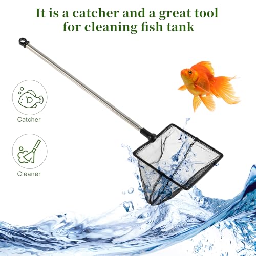 Fish Tank Net, Fine Mesh Aquarium Fish Net, Long Handle Fish Net, Stainless Steel Extendable Handle, Square Aquarium Cleaning Net for Aquarium Accessories