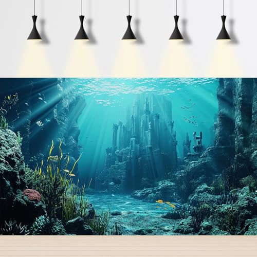 Ocean Fairy Tale Aquarium Background Sunken Ancient Castle Ruins Fish Tank Background Aquatic Seagrass Coral Reefs Submerged Structure Terrarium Backgrounds Underwater City Tank Backgrounds 24x12in - color: Blue_Grey, size: 24(W)x12(H)in