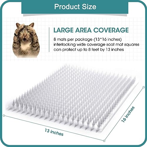 8 Pack Cat Deterrent Outdoor/Indoor Scat Mat, Pet Deterrent Training Mats, Keep Cats/Dogs Away Plastic Mats with Spikes, 12 Sq.ft, 16 x 13 Inches - size: 8 Mats