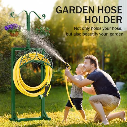 Garden Hose Holder - Upgraded Water Hose Holders for Outside with 5 Spikes & 2 Shepherds Hooks, Freestanding Hose Stand Hose Hanger Hose Storage Hose Reel Rack for Yard Lawn(Green) - color: Green
