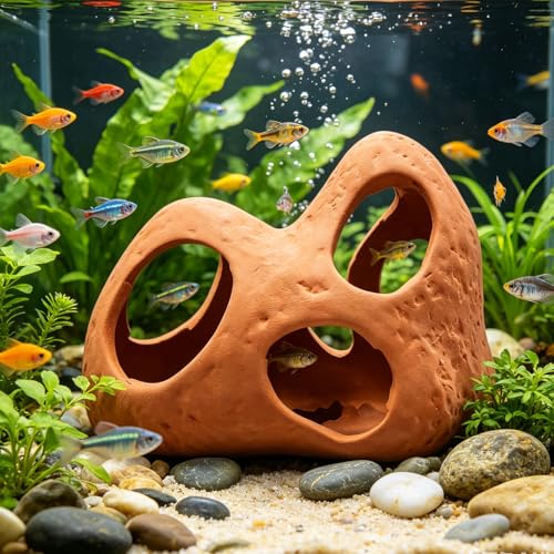 Saim Ceramic Aquarium Cave for Betta, Shrimp & Pleco - Fish Tank Decorations for Hiding and Breeding, Hideout with Filtration Function- Natural Color