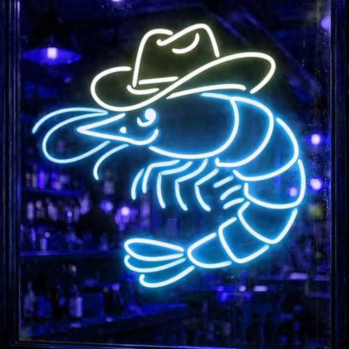 Cowboy Shrimp LED Neon Sign, Western Shrimp Neon Sign, Seafood Shop Accent, Bar Game Room Decor, For Bar, Restaurant, Seafood Shop, Man Cave, Western Decor, Gifts for Seafood Lovers