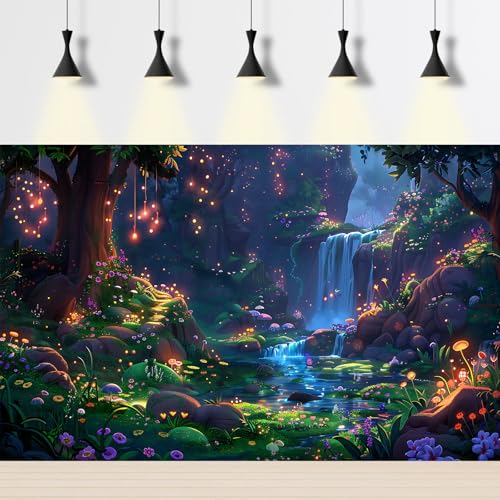 Waterfall Jungle Aquarium Background Fantasy Magic Forest Landscape Rainforest Style Fish Tank Background Tropical Flowers Mushrooms Stream Cascading Falls Reptile Tank Enclosure Backgrounds 48x18in - color: Purple_Blue, size: 48(W)x18(H)inches/ 120(W)*45