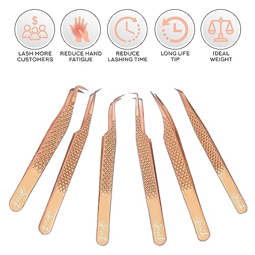 Eyelash Extension Tweezers Fiber Tips, Set of 6, Curved, Dolphin, 90 Degree 45 Degree, Volume Boot & Slight Curved Tweezer, Rose Gold