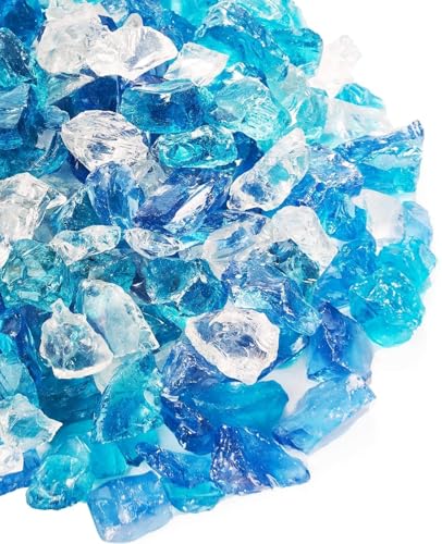 NUPICK Fire Glass - 20 Pound Mixed Bahama Blend for Fire Pit & Gas Fireplace, 1/2-3/4 Inch Tempered Glass Rock in Blue and White - color: Bahama Blend, size: 20 Pound (1/2")