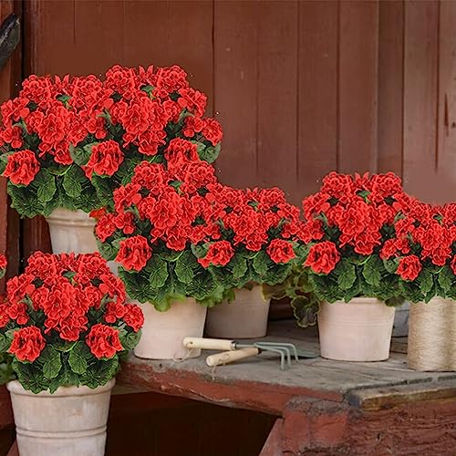 CISDUEO 2 Pcs Artificial Geranium Flowers for Outdoors Silk Flowers Outside UV Resistant Red Fake Geraniums Bush Faux Flowers for Planter Outdoor Decor Indoor Garden Patio Table Centerpiece