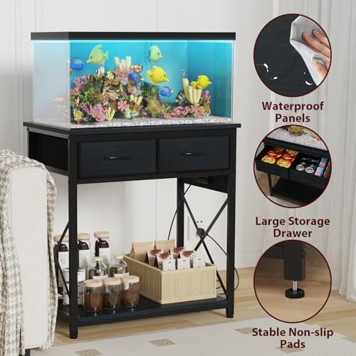 20-29-37 Gallon Fish Tank Stand with Power Outlet, Heavy Duty Metal Aquarium Stand with Two Storage Drawers for Fish Tank Accessories Storage, Perfect for Turtle Tank, Reptile Terrarium, Black - color: Black, size: 20-29-37 Gallon