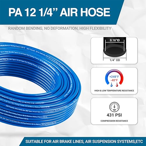 Utah Pneumatic 1/4" DOT Air Line SAE J844 PA12 Nylon Tubing for Air Suspension, Industrial Automation, Workshop Air Systems, Misting & Fluid Transfer, Blue - 10 Meters (32.8ft) - color: Blue, size: 1/4" x 32.8 Feet