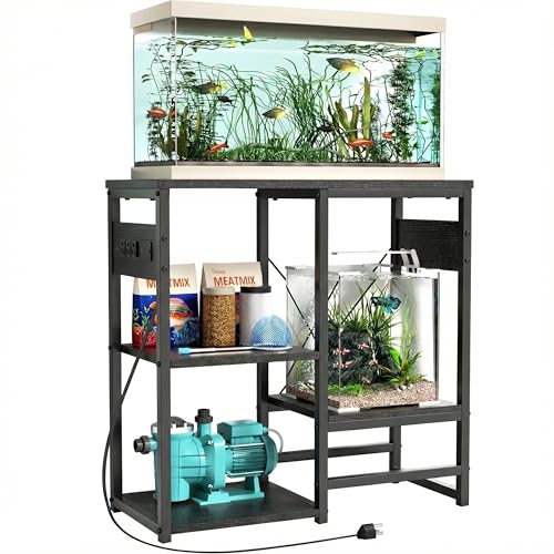 GRLEAF 20-30 Gallon Fish Tank Stand with Power Outlets, 4 Tier Metal Aquarium Stand with Wood Storage Shelves, 30.7" L x 13.8" W x 30.3" H Turtle Reptile Fish Tank Table Aquarium Table - Black - size: 20-30 Gallon
