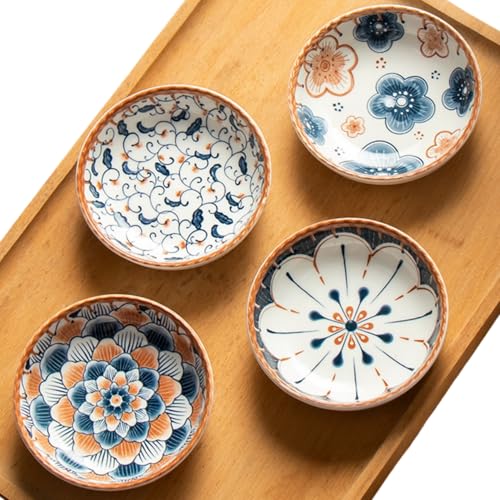 4 Pack 3 oz Cute Japanese Soy Sauce Dish Small Dipping Sauce Bowls Ceramic Sushi Dipping Bowls for Sushi,Side Dish,Ketchup,Dips,Condiment,Snack,BBQ Party - color: Brown