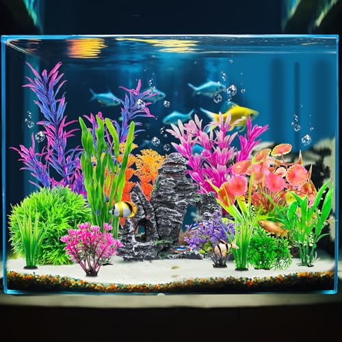 CousDUoBe 13Pcs Aquarium Plants Cave Rock Decor Set& Fish Tank Artificial PlasticPlants,Fish Tank Accessories Small Large Aquarium Decorations Kit