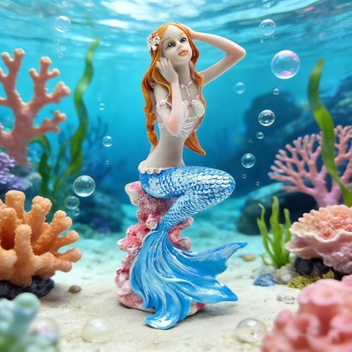 Blue Mermaid Figurine, Mermaid Statue for Fish Tank Decor, Perona Figure, Resin Princess Figurines for Aquarium Landscape & Mermaid Room Decor - color: Blue