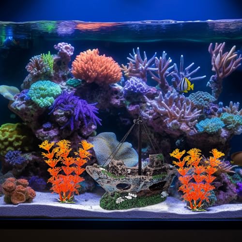 Aquarium Shipwreck Decoration Set Resin Fish Tank Ornaments Accessories for Undersea Aquarium Landscape Decor, Wreck Ship Ornament x 1pc, Aquatic Plants x 2 pcs