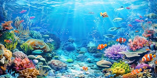 Underwater World Aquarium Background,Seaworld Ocean Floor Tropical Fish Coral Reef Aquatic Nature Plant Fish Tank Backdrop Decor, Polyester Fabric with 6 EVA Double-Sided Tapes 48x24 inches/120x60cm - color: Blue-1, size: 48"L x 24"W