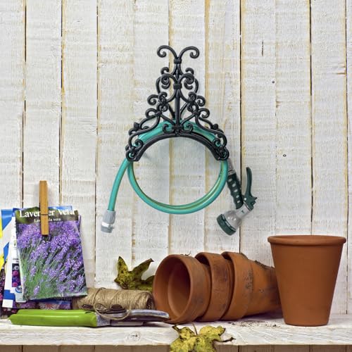 MyGift Brown Heavy Duty Cast Iron Outdoor Garden Hose Hanger Wall Mounted Water Hose Holder Reel with Vintage Scrollwork Design (Floral Pattern) - style: Floral Pattern