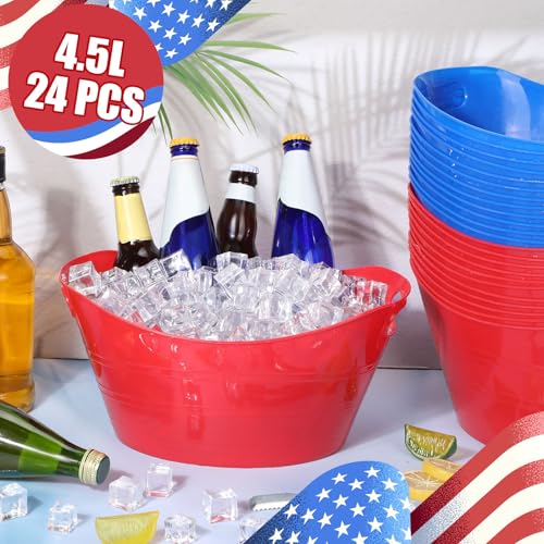 Norme 24 Pcs Oval Storage Tub with Handles, 4.5l Plastic Ice Buckets Bulk for Wine Beer Champagne Drink Cooler Beverage Storage Tub for Parties BBQ Weddings Party Outdoor Celebration(Blue & Red) - color: Red, Pink, Purple, Rose Red