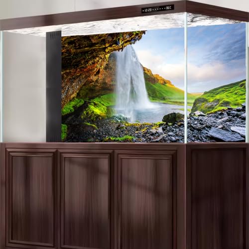 Sunrise Waterfall Aquarium Background Gorgeous Spring Natural Field Fish Tank Background Splendid Cascading Falls Terrarium Backgrounds Tranquil Stream Green Meadow Reptile Tank Backgrounds 24x12in - color: Green_Bule, size: 24(W)x12(H)in