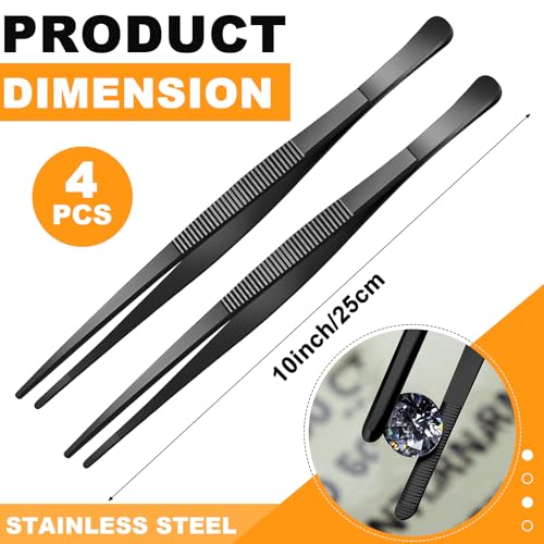 Yaomiao 4 Packs 10 Inch Bar Tweezers Black Cocktail Tongs Long Garnish Tweezers Stainless Steel Bartender Kitchen Cooking Tongs for Cocktail Food Fruit Korean BBQ Bartender Chef, Multi-use - color: Black, size: 10 Inch