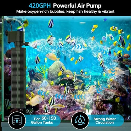 Aquarium Filter for 60-150 Gallons - Adjustable Flow Fish Tank Filters 420GPH Ultra-Quiet Submersible Power Pump Internal Filter with Biochemical Filtration Air Supply Water Clean - size: 25W Filter