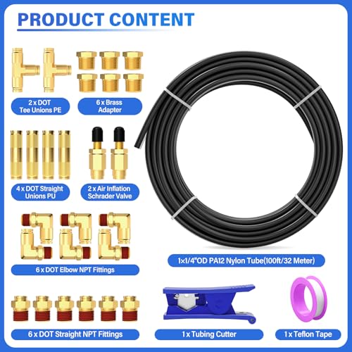 TAILONZ Pneumatic Black 1/4" OD 32 Meter 100ft PA12 Nylon Air Tubing Kits,Pipe Hose Air Line Tubing, Push-to-Connect DOT Brass Fittings (29PCS) - color: Black, size: 1/4" OD - 100 FT
