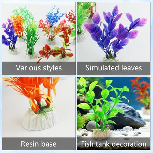 10Pcs Aquarium Artificial Plastic Plants, Colorful Fake Fish Tank Decorations with Ceramic Base, Realistic Aquarium Plants Suitable for Aquarium Landscape and Fish Hideout (Multi-Color) - color: Multi-color