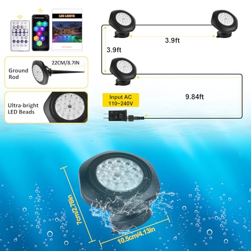 T-SUN Color Changing Submersible Pond Lights with APP and Remote Control, IP68 Waterproof Dimmable Timer Fountain Lights led Underwater for Koi Fish Tank Aquascape Waterfall Landscape(Set of 3) - size: Set of 3