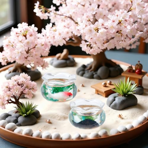 SUNNYCLUE 5Pcs 5 Styles Miniature Fish Tank Fish Bowl Plastic Simulated Round Goldfishes Grass Bowls Tanks Mini Display Decorations Accessories for Desktops Garden Scene Decors DIY Crafts Adults