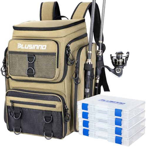 PLUSINNO Fishing Backpack with Rod Holders, 42L Large Water-Resistant Tackle Bag for Fishing, Camping, Hiking, Gifts, Khaki (4 Tackle Boxes Included), 36,6 x 25,4 x 45,7 cm, Sporty, functional - color: Khaki (4 Tackle Boxes Included)