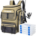 PLUSINNO Fishing Backpack with Rod Holders, 42L Large Water-Resistant Tackle Bag for Fishing, Camping, Hiking, Gifts, Khaki (4 Tackle Boxes Included), 36,6 x 25,4 x 45,7 cm, Sporty, functional - color: Khaki (4 Tackle Boxes Included)