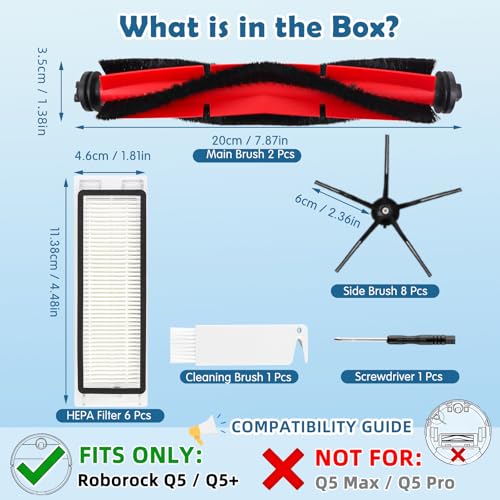 Q5 Replacement Accessories Kit Compatible with Roborock Q5 / Q5+ Plus(Not for Q5 Max / Q5 Pro) Robot Vacuum, 2 Main Brushes, 6 Washable Filters, 8 Side Brushes, 1 Cleaning Tool, 1 Screwdriver - color: Q5 Kit - Black