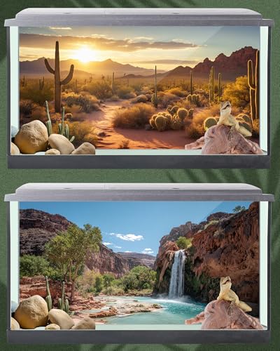 4 Pcs 48 x 18 Inch Reptile Tank Background Reptile Tank Accessories Polyester Terrarium Background Decor for Leopard Gecko Turtle Bearded Dragon(Canyon Waterfall, Bark, Cactus, Gobi Desert)