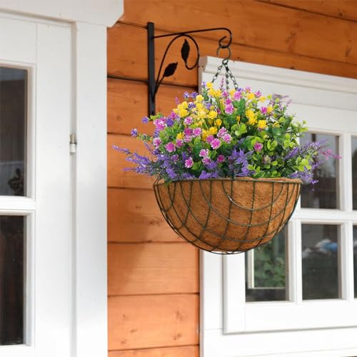 Hananona 12 Pcs Artificial Flowers Outdoor, Faux Artificial Plants UV Resistant Plastic Flower Bulk for Hanging Planter Porch Window Home Wedding Fall Summer Decor (12, Fuchsia, Purple, Yellow, Green) - color: Fuchsia, Purple, Yellow, Green