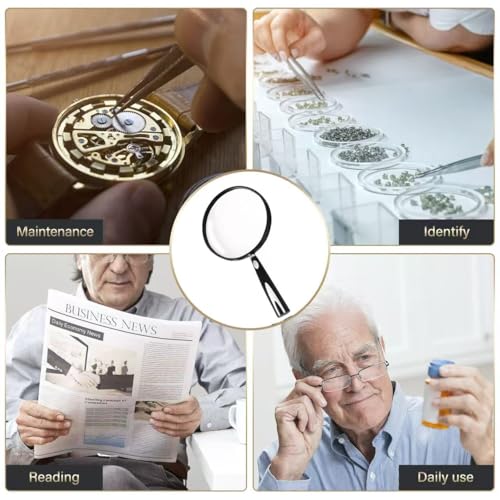 Feosky Handheld Reading Magnifier, 10X Magnifier, 130mm Shatterproof Lens, Non-Slip Handle for Adults Close Work, Seniors Reading and Nature Exploration, Hobby Observation(Silver/Black) - color: Silver