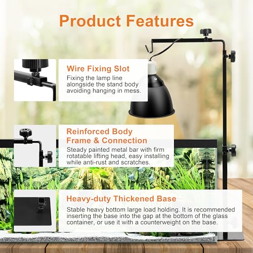 Simple Deluxe Height Adjustable Reptile Lamp Stand Metal Floor Light Holder Basking Lamp Support Bracket, for Terrarium Heating Light and Dome lampshade, Large,Black - size: Lamp Stand L