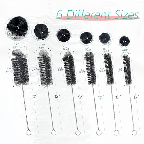 6 Pcs Straw Cleaner Brush Set, 12 Inch Long Pipe Tube Bottle Brushes for Narrow Neck Bottles, Hummingbird Feeders, Coffee Maker, Glass Cups - Includes Detachable Keyring