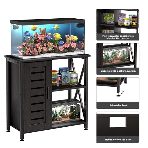 Herture 20-29 Gallon Fish Tank Stand, Aquarium Stand with Cabinet Accessories Storage, Heavy Duty Metal Frame, 31.49" L*15.74" W Tabletop, 330LBS Capacity, Black PG07YGB - color: Black, size: 20-29 Gallon