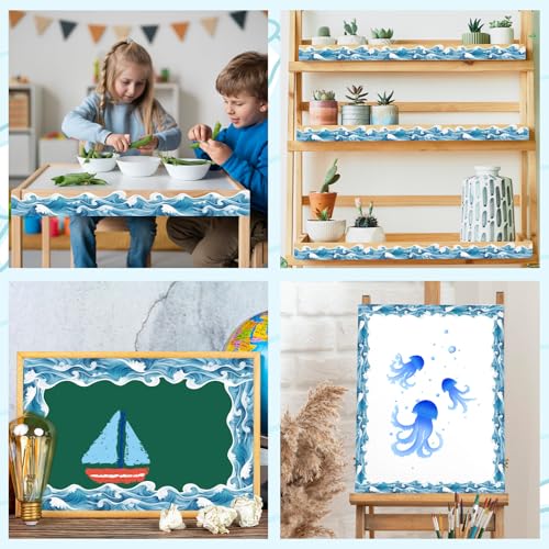 50ft Ocean Waves Bulletin Board Border, Blue Under The Sea Scalloped Trim Borders for Back to School Summer Classroom Office Wall Chalkboard Door Decorations - color: White